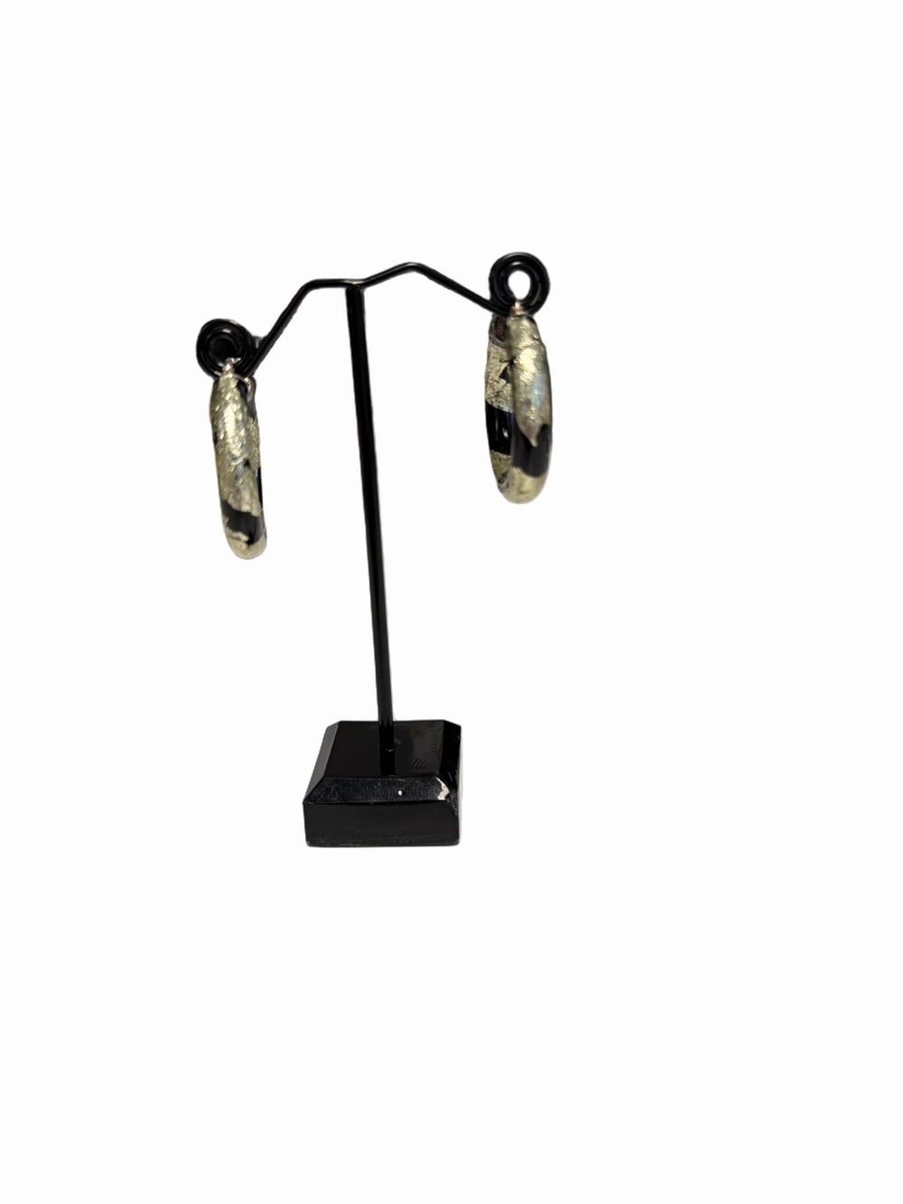Sterling Silver 925 Black Enamel and Gold Leaf Hinged Hoop Earrings. Italy